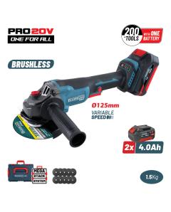 Γωνιακός Τροχός Brushless Ρυθμιζόμενος SET 20V BORMANN Pro BBP3651X44CA , 300054008000rpm, 2x4.0Ah
