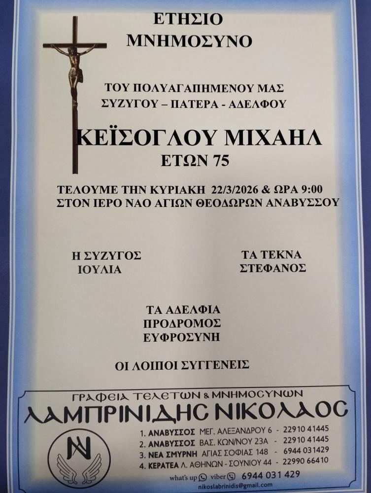 ΕΤΗΣΙΟ ΜΝΗΜΟΣΥΝΟ ΚΕΪΣΟΓΛΟΥ ΜΙΧΑΗΛ